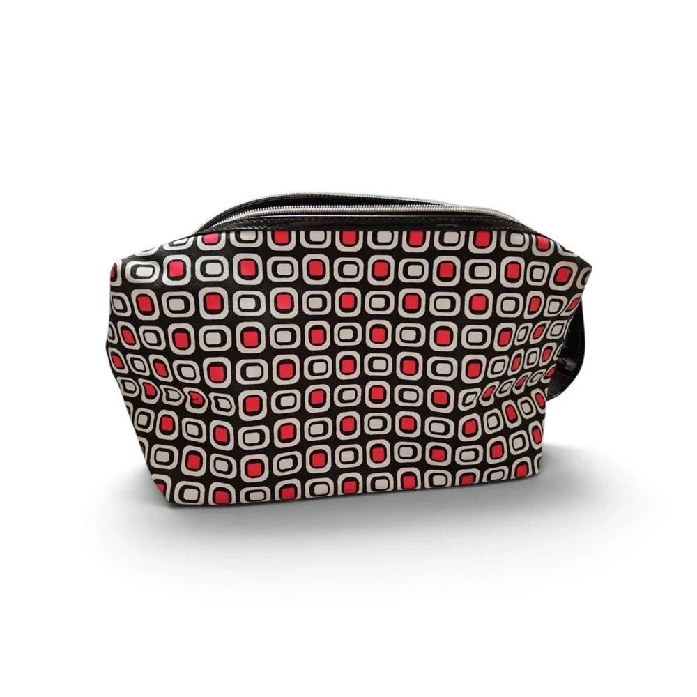 Lancome Cosmetic Bag Retro Geometric Print Black Red White Makeup Pouch Zipper